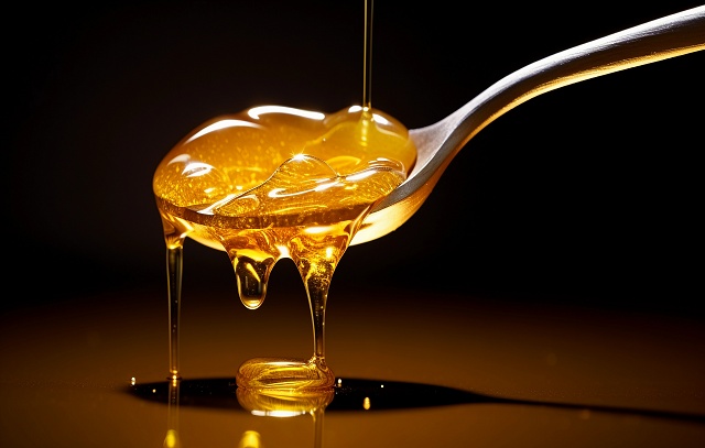 a spoonful of golden, raw honey, close – up, glistening in soft natural light, against a dark, blurred background