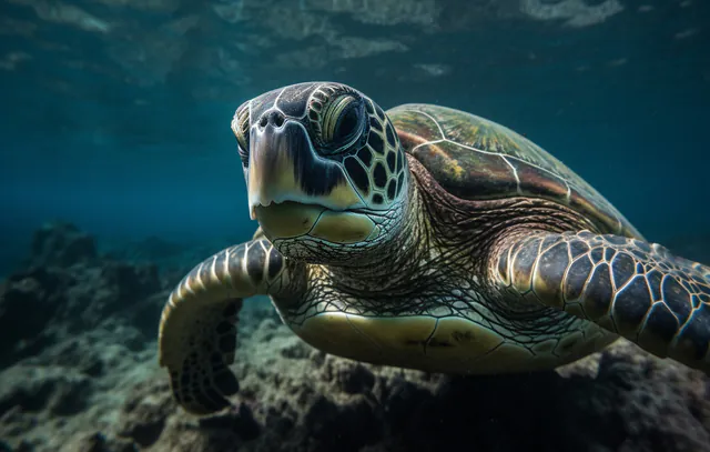 Large green sea turtle swimming in reef generated by AI