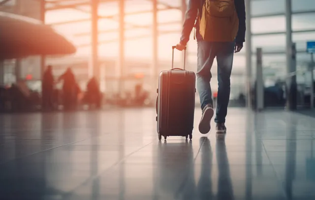 Businessman holding luggage, waiting for airport arrival generated by AI