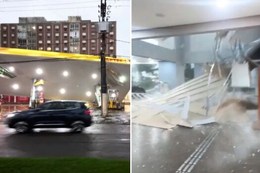 Telhado de posto tomba em Santos e teto de shopping desaba na Praia Grande