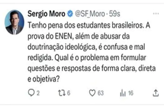 Moro critica prova do Enem ‘mal redigida’, mas escreve errado nome do exame