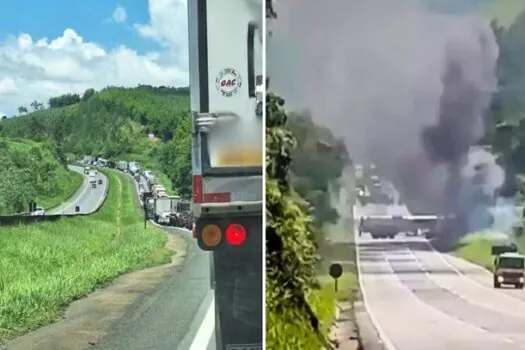 Carreta-tanque pega fogo e interdita Rodovia Régis Bittencourt