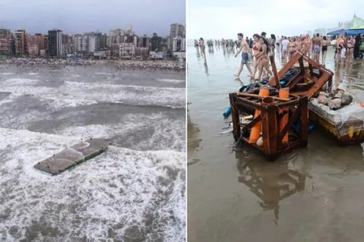 Mar agitado tomba balsa com fogos de artifício em Praia Grande (SP) e cancela queima