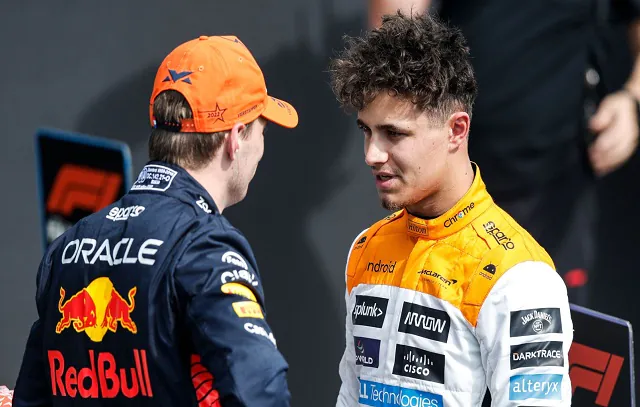 Silverstone, Royaume Uni. 08th July, 2023. VERSTAPPEN Max (ned), Red Bull Racing RB19, portrait NORRIS Lando (gbr), McLaren F1 Team MCL60, portrait during the 2023 Formula 1 Aramco British Grand Prix, 10th round of the 2023 Formula One World Championship