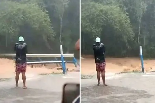 Passarela é destruída por correnteza durante chuva em São Sebastião, no litoral de SP