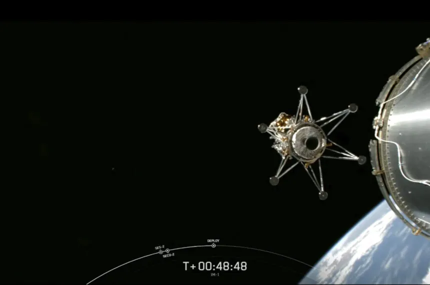 Momento em que a IM-1 se separou do foguete da SpaceX e seguiu a caminho do pouso na Lua