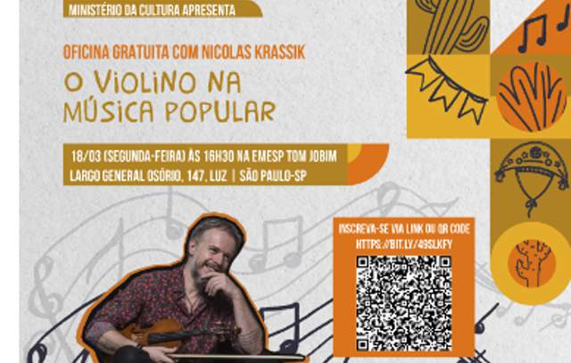 Nicolas Krassik media oficina sobre o violino e a música popular no EMESP Tom Jobim