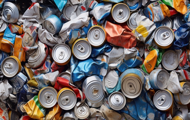 Recyclable aluminum waste depicted through compressed cans.