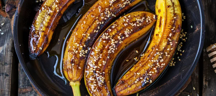 Banana Baked with Honey Cinnamon and Sesame Seeds in Coconut Oil