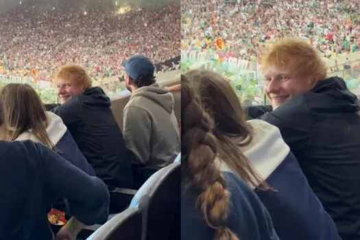 Antes do Rock in Rio, Ed Sheeran assiste a jogo do Fluminense no Maracanã e ganha camisa do time