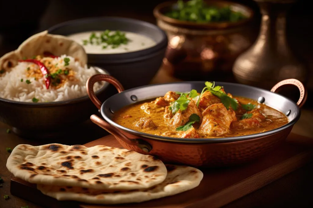 Indian ethnic food buffet on white concrete table from above: cu