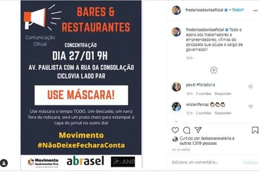 Ato de bares e restaurantes vira ação bolsonarista contra Doria