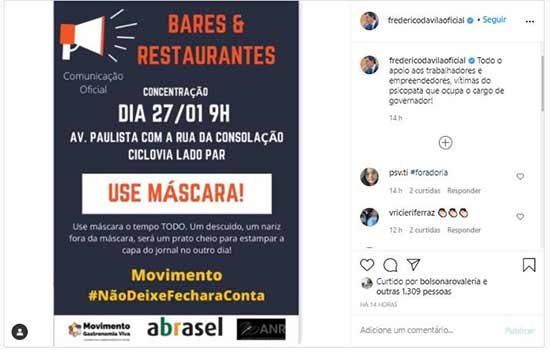 Ato de bares e restaurantes vira ação bolsonarista contra Doria