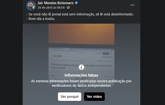 Bolsonaro volta a ter conteúdo bloqueado pelo Instagram por informação falsa