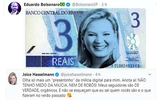 Eduardo Bolsonaro e Joice Hasselmann discutem nas redes sociais