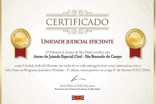 JEC recebe certificação do Tribunal de Justiça de São Paulo