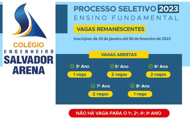 Último dia para concorrer às vagas remanescentes do Colégio Engenheiro Salvador Arena