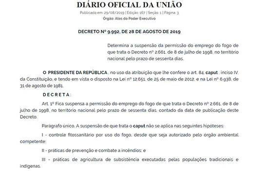 Governo suspende a prática de queimadas em todo o país por 60 dias