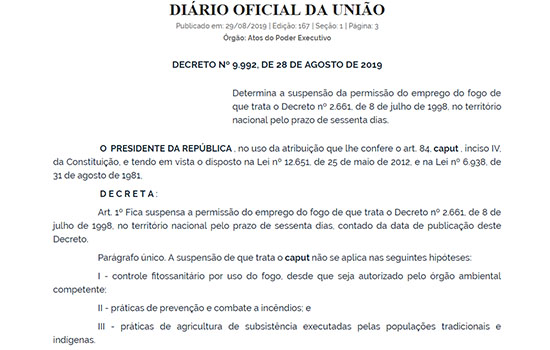 Governo suspende a prática de queimadas em todo o país por 60 dias