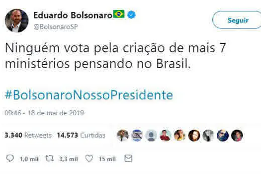 Eduardo Bolsonaro critica quem defende volta de 7 ministérios