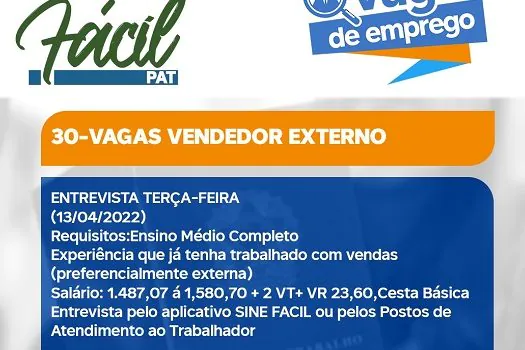 PAT Ribeirão Pires abre 30 vagas para Vendedor Externo