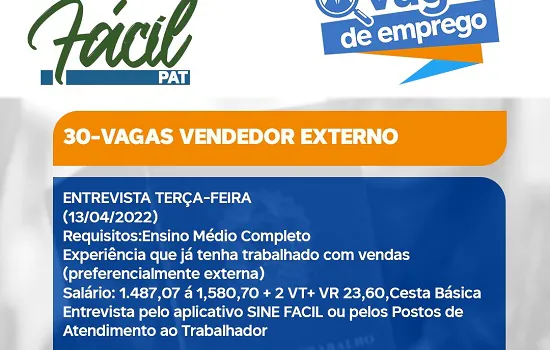 PAT Ribeirão Pires abre 30 vagas para Vendedor Externo