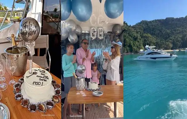 Galvão Bueno comemora 73 anos com festa em família no barco