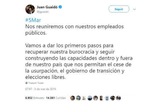 Guaidó se reúne nesta terça com funcionários públicos venezuelanos