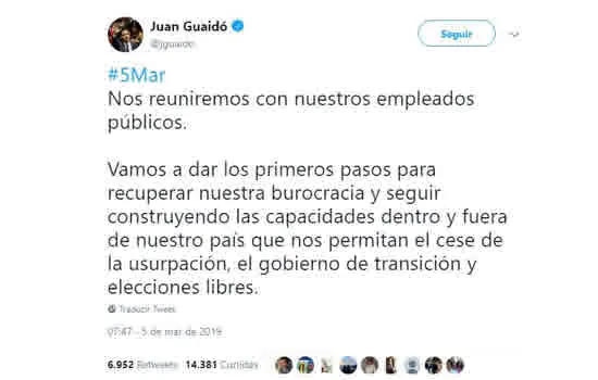 Guaidó se reúne nesta terça com funcionários públicos venezuelanos