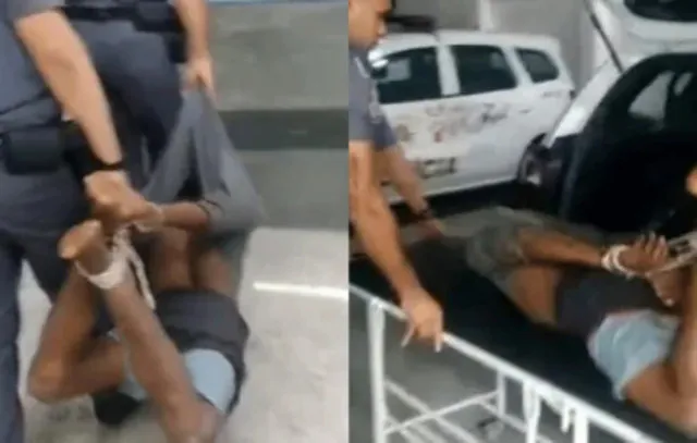 Homem negro é amarrado com cordas e carregado por policiais em SP