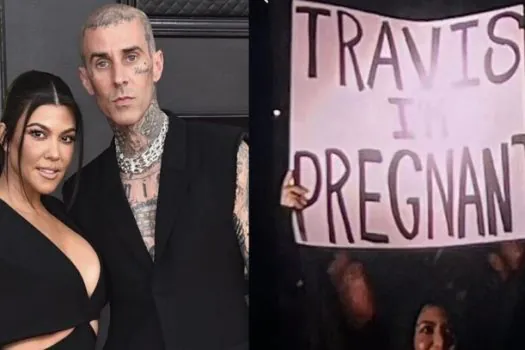 Kourtney Kardashian anuncia gravidez de Travis Barker com cartaz no show do Blink-182