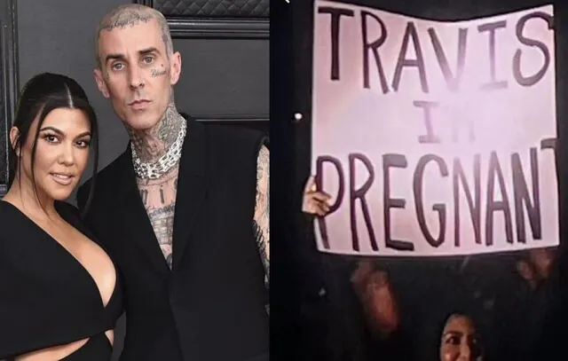 Kourtney Kardashian anuncia gravidez de Travis Barker com cartaz no show do Blink-182