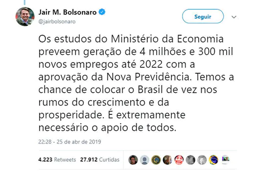 Otimismo: Reforma pode gerar 4,3 milhões de empregos até 2022, diz Bolsonaro