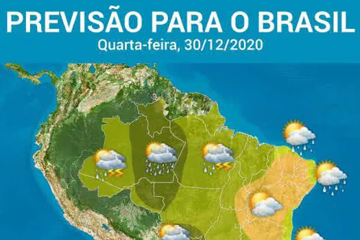 Muita chuva sobre o Brasil nesta quarta-feira