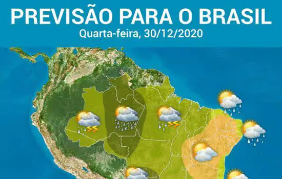 Muita chuva sobre o Brasil nesta quarta-feira