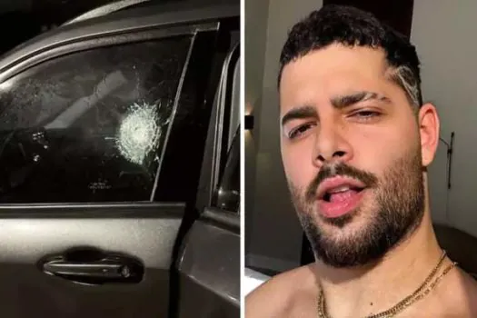 Pedro Sampaio relata assalto e mostra janela de carro após tiro no RJ