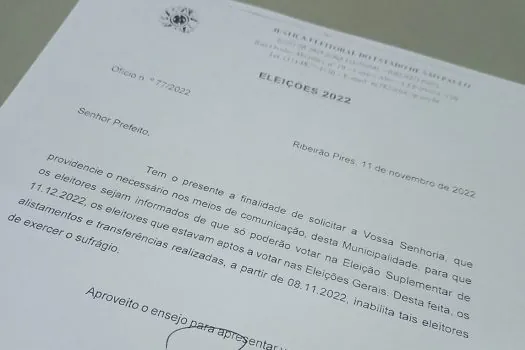 Justiça eleitoral informa regra para eleição suplementar de Ribeirão Pires