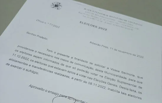 Justiça eleitoral informa regra para eleição suplementar de Ribeirão Pires