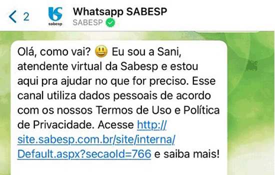 WhatsApp da Sabesp já fez 1 milhão de atendimentos