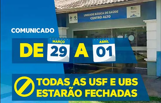 Unidades Básicas de Saúde e da Família não funcionarão durante feriado em Ribeirão Pires